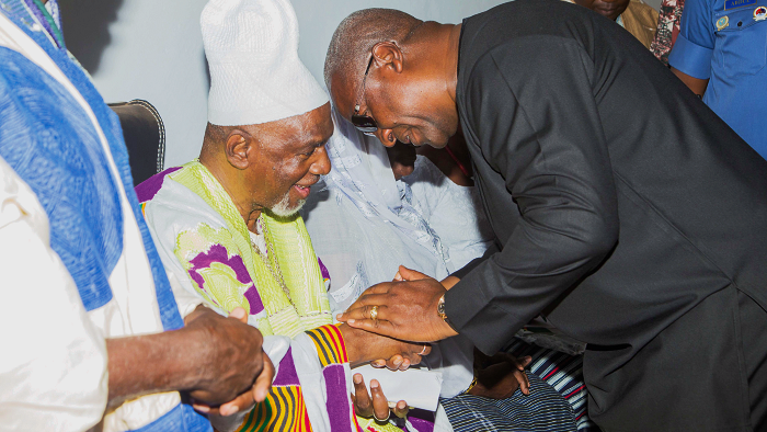 Naa Fuseini Pelpuo III, the Wa Na, welcoming President Mahama to the Wa Na’s Palace